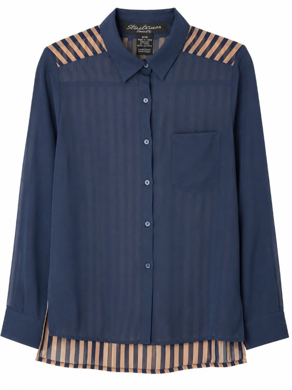 Streetwear Society Women's Blouse M Sheer Blue Striped Back Button Front NWT